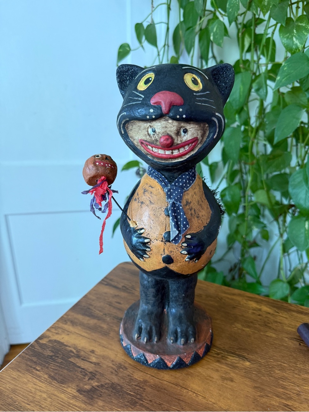 Vintage style Black and Tan Cat Figurine with Polka Dot Scarf Halloween creepy